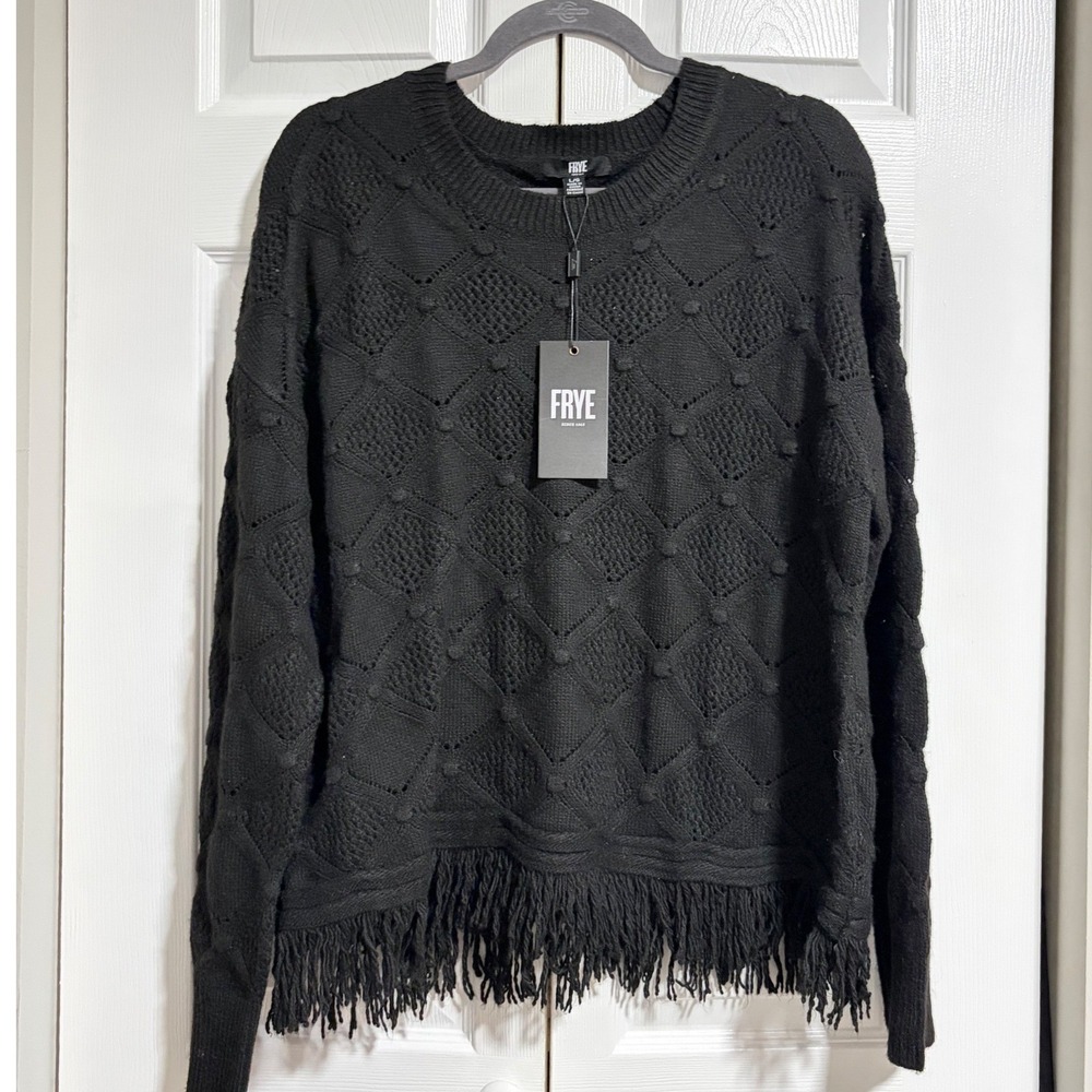 Frye Womens Black Diamond Pointelle Bobble Knit Fringe Hem Sweater Large NWT